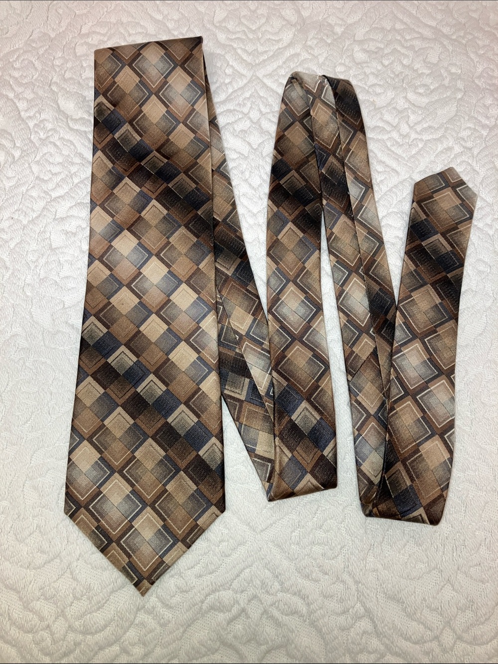 Pierre Cardin silk tie diagonal check pattern, multicoloured beige brown & blue